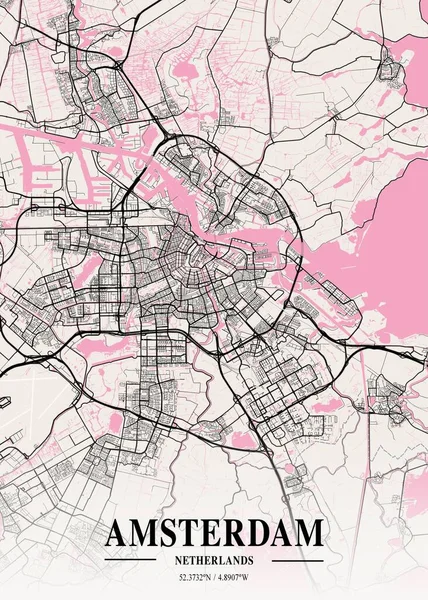 Amsterdam Países Bajos Mapa Napolitano Ciudad Hermoso Estampado Las Ciudades —  Fotos de Stock