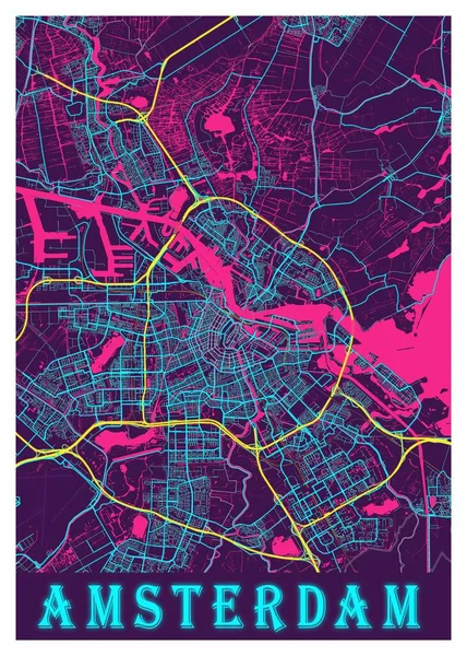 Amsterdã Holanda Neon City Map Uma Bela Estampa Das Cidades — Fotografia de Stock