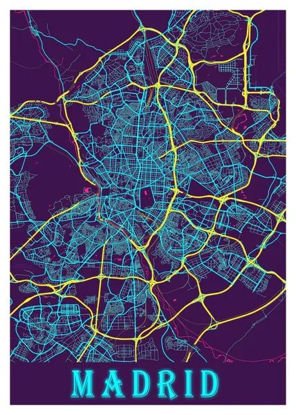 Madryt Hiszpania Neon City Map Piękne Druki Najsłynniejszych Miast Świata — Zdjęcie stockowe