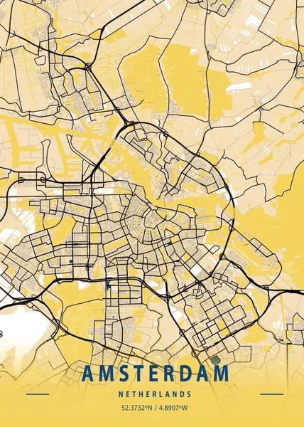 Amsterdam Países Bajos Yellow City Map Hermoso Estampado Las Ciudades —  Fotos de Stock