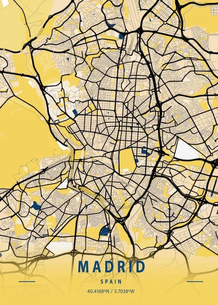 Madryt Hiszpania Yellow City Map Piękne Druki Najsłynniejszych Miast Świata — Zdjęcie stockowe