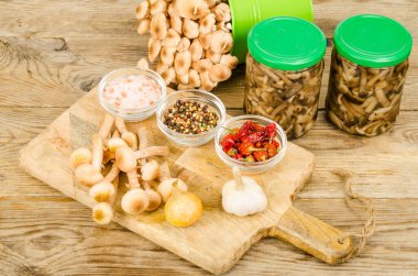 Cam kavanozda yabani mantar turşusu. Ev yapımı hazırlıklar. Stüdyo Fotoğrafı.