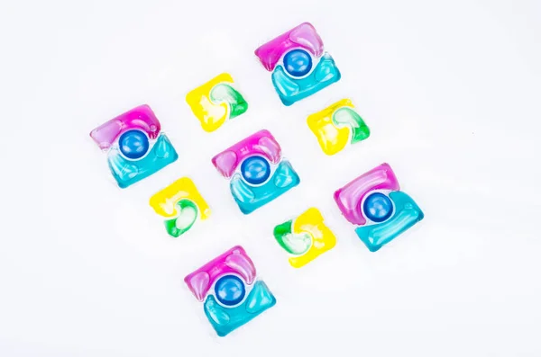 Многоцветные Капсулы Гелем Стирки Одежды Посуды Студия Фото — стоковое фото
