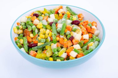 Farklı donmuş sebzelerin karışımı, sağlıklı beslenme, vitamin koruma. Fotoğraf.