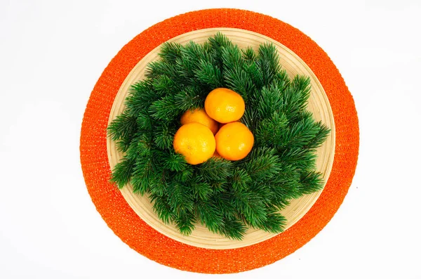 Christmas Wreath Tangerines Plate Studio Photo — Stock Photo, Image