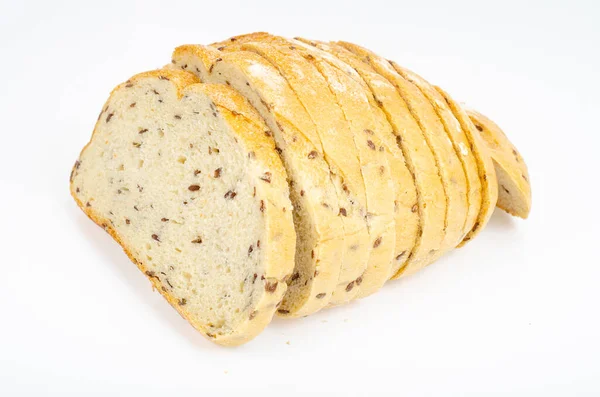 Κομμένο Ψωμί Σιταριού Λινάρι Και Σπόρους Κύμινου Φωτογραφία Στούντιο — Φωτογραφία Αρχείου