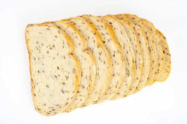 Κομμένο Ψωμί Σιταριού Λινάρι Και Σπόρους Κύμινου Φωτογραφία Στούντιο — Φωτογραφία Αρχείου