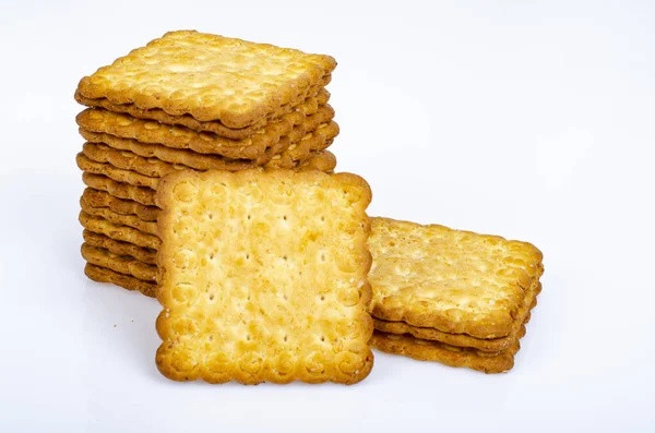 Pile Minimaliste Délicieux Biscuits Biscuit Salé Sur Fond Blanc Photographie — Photo