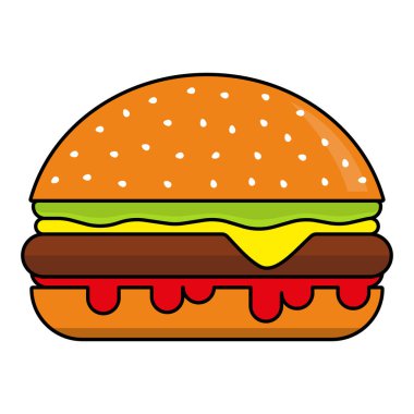 Beyaz arka planda izole edilmiş peynirli ve susamlı hamburger. Vektör etiket simgesi.