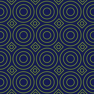 Çemberler ve karelerle soyut geometrik desen. Kusursuz bir arka plan. Yeşil ve koyu mavi desen.