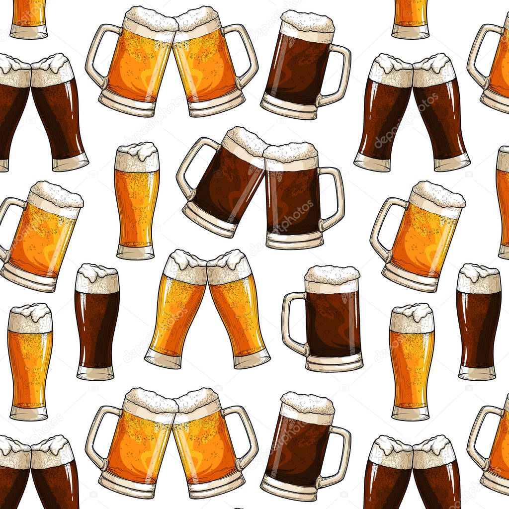 Beer, isolated on white background. Seamless vector pattern.