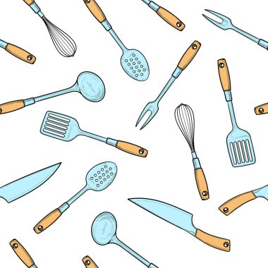 Aşçının aletleri beyaz arka planda izole edilmiş. Kusursuz vektör deseni.