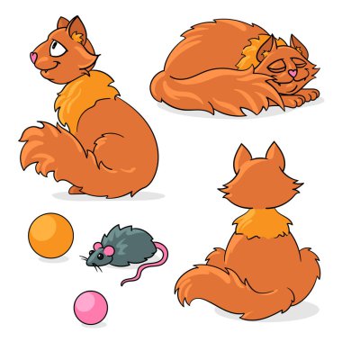 Kediler farklı pozlarda, beyaz arka planda izole edilmiş. Karakter tasarımı. Çizgi film biçimi, Vektör illüstrasyonu.