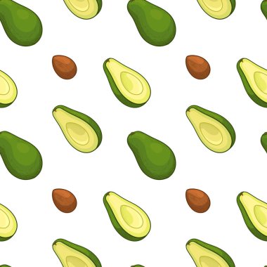 Avokado, yarım avokado ve kemik, izole vektör çizimi. Avokado pürüzsüz desen.