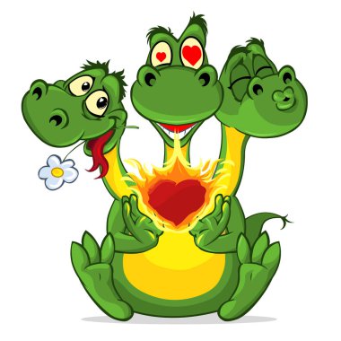 Sevimli üç başlı çizgi film ejderhası aşık. Vektör illüstrasyonu.