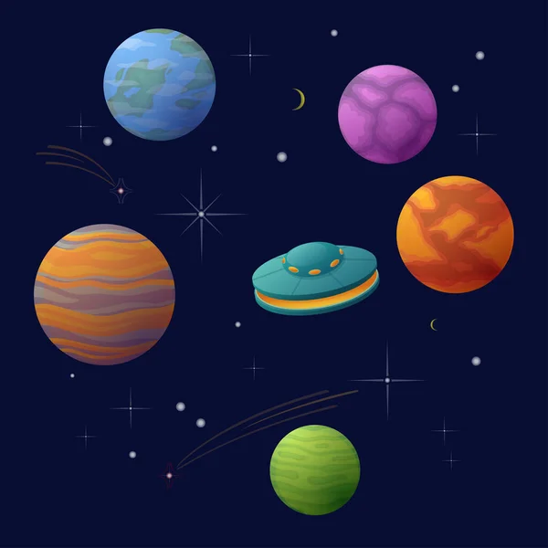 Planets Stars Spaceship Space Vector Illustration Universe Cartoon Style — Archivo Imágenes Vectoriales