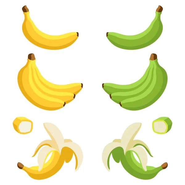 Set Yellow Green Bananas Whole Peeled Sliced Bananas Cartoon Flat — Stock Vector