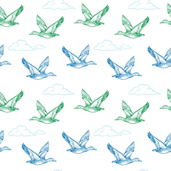 Los Patos Están Volando Cielo Contra Fondo Las Nubes Ilustración — Archivo Imágenes Vectoriales