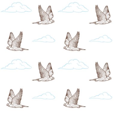 Şahinler bulutların arka planına karşı gökyüzünde uçuyorlar. Vektör çizimi. Kusursuz vektör deseni.