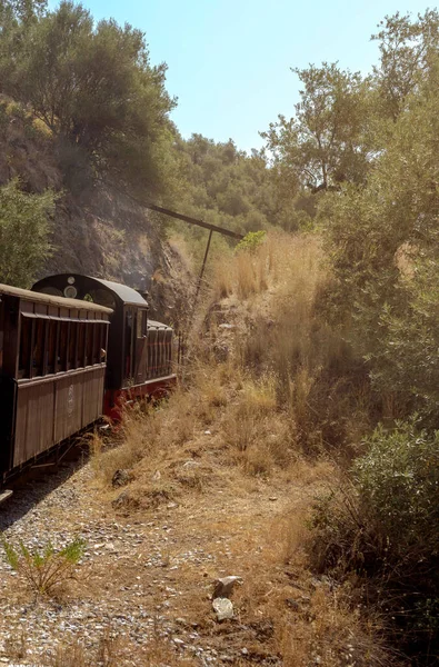Pelion 2021年1月8日 在一个阳光明媚 夏日里 古老的火车在山中穿梭 — 图库照片