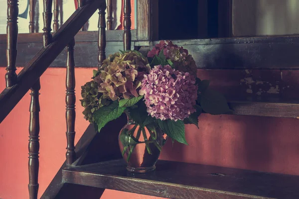 Stilleven Met Een Mooie Kleurrijke Heldere Tuinhortensia Een Vaas Een — Stockfoto