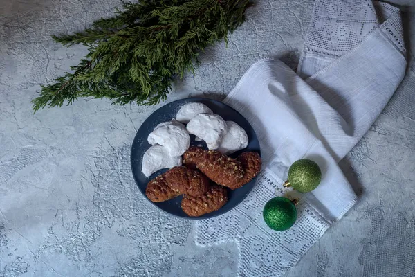 New Year Christmas Composition National Christmas Greek Cookies Melomacarona Kourabies — Stock Photo, Image
