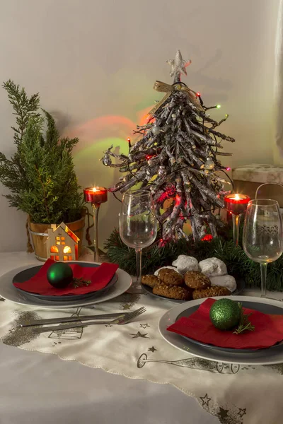 Conception Noël Nouvel Une Variété Décorations Noël Assiette Couteau Fourchette — Photo