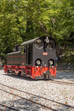 Yunanistan. Pelion. 08.01.2021. Turist, ünlü, gezgin, güneşli bir yaz gününde Milies istasyonunda eski tren.