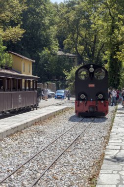 Yunanistan. Pelion. 08.01.2021. Turist, ünlü, gezgin, güneşli bir yaz gününde Milies istasyonunda eski tren.