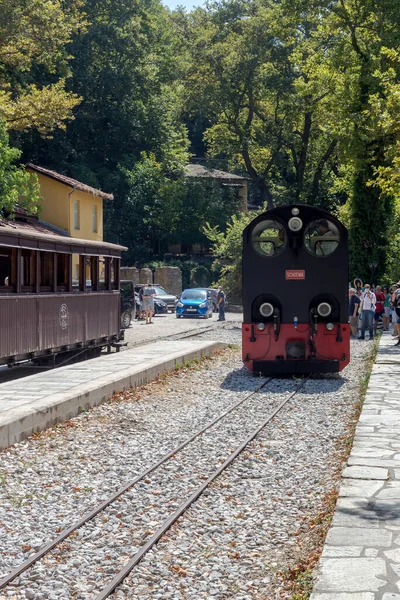 Yunanistan. Pelion. 08.01.2021. Turist, ünlü, gezgin, güneşli bir yaz gününde Milies istasyonunda eski tren.