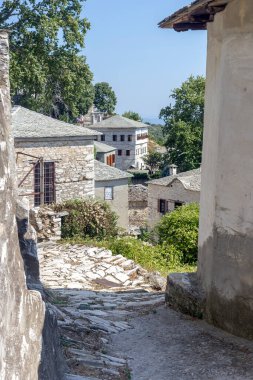 Güneşli bir yaz gününde geleneksel evleri olan Pinakates (Güney Pelion) dağ köyünün manzarası (Magnesia ili, Yunanistan))