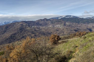 Dağ manzarası. Sarı yapraklı dağların ve ağaçların panoramik manzarası (Yunanistan, Epirus)