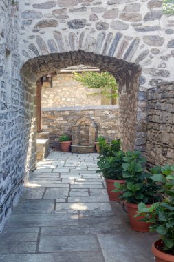 Vizitsa köyünde (Güney Pelion), Hıristiyan, Ortodoks, taş kilise Zoodochos Pigi 'nin iç avlusunda güneşli bir yaz günü (Magnesia, Yunanistan))