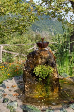 Güneşli bir yaz gününde, dağlarda serin ve soğuk bir su ile çeşme içmek.