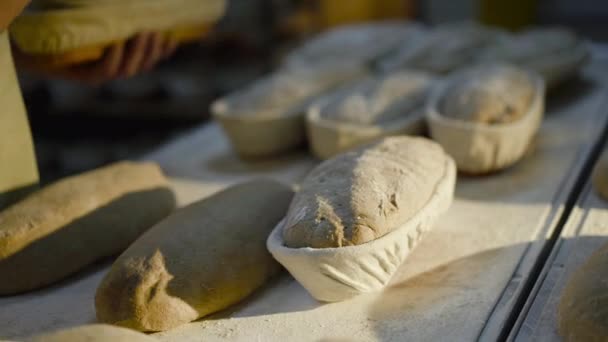Sluiten uitzicht op bakkers handen gooien vers geroosterd brood uit bakgerechten — Stockvideo