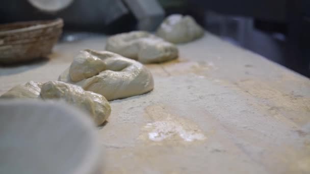 Τα χέρια αρτοποιών σχηματίζουν τα σχήματα του ψωμιού μετά τον αυτοματοποιημένο εξοπλισμό στο εργοστάσιο — Αρχείο Βίντεο