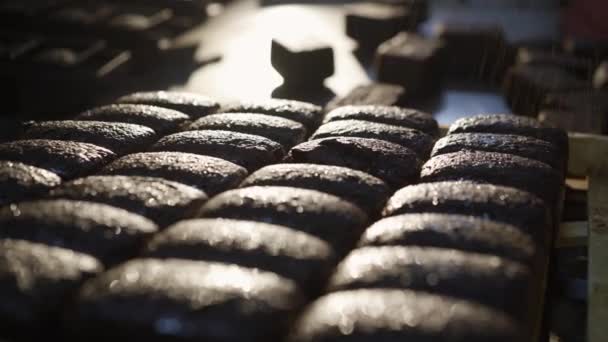 Kropienie świeżych bochenków chleba żytniego z nasionami w piekarni — Wideo stockowe