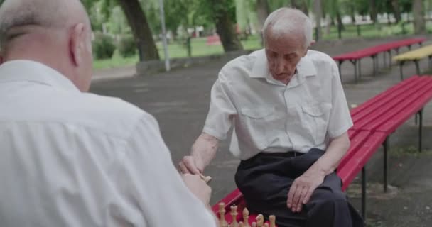 Zwei Rentner verbringen ihre Freizeit auf einer Straßenbank, reden und spielen Schach — Stockvideo