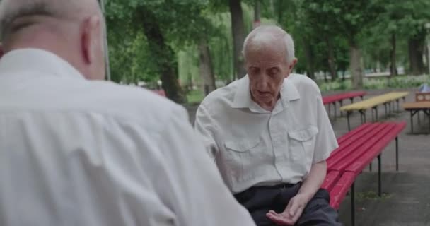 Dos amigos de la tercera edad teniendo una conversación agradable durante un juego de ajedrez — Vídeos de Stock