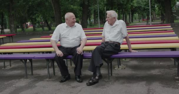 Deux amis aînés modestes racontent des histoires drôles se souvenant du temps des jeunes pendant la rencontre — Video