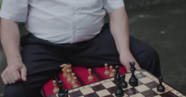 Vue rapprochée de deux aînés serrant la main lors d'un match d'échecs sur un banc de rue — Video