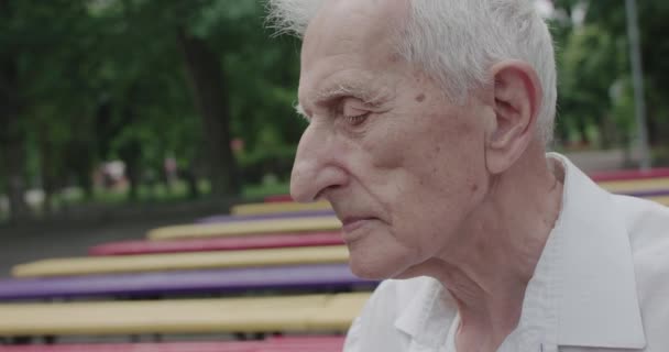 Portret troskliwego dziadka palącego papierosa i rozmawiającego w parku — Wideo stockowe