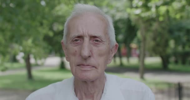 Nahes Porträt des Großvaters, der im Sommer nachdenklich in die Kamera blickt — Stockvideo