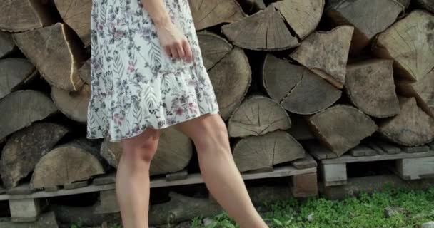 Schlechte Sicht auf Mädchen im Kleid spaziert vor Sägewerk und verschwindet von Kamera — Stockvideo