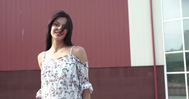 Gelukkig brunette met blazen haar en jurk poses en glimlachen op camera — Stockvideo
