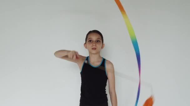 Rhythmic dance moves of lady with ribbon — Stock Video