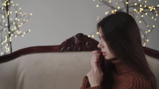 Portrait of pretty brunette with long hair caresses to her sweater — Wideo stockowe