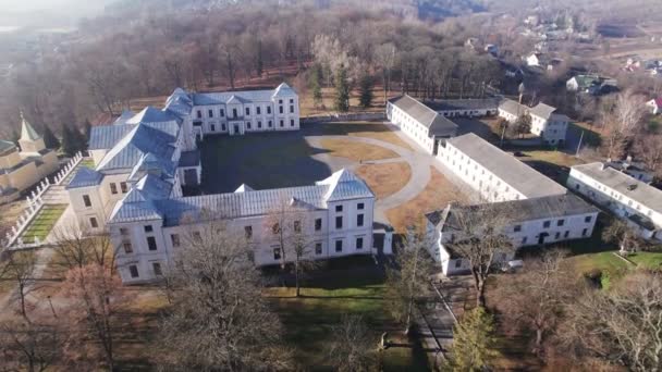Aerial view of the Vyshnivets Palace, Ukraine, in autumn. Picturesquere therritory. — Stock Video