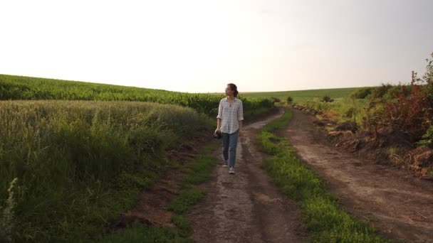Mouvement lent d'une jeune fille qui marche sur la route des champs — Video