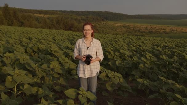 Chica bonita se para en el campo de girasol y sonríe — Vídeo de stock